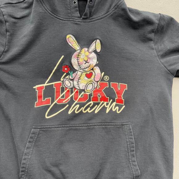 Lucky Charm Hoodie Mens Extra Large Black Graphic Pullover Bunny Kangaroo Pocket - Picture 8 of 10